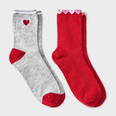 Girls' 2pk Embroidered Heart Crew Socks - art class Heather Gray/Red M