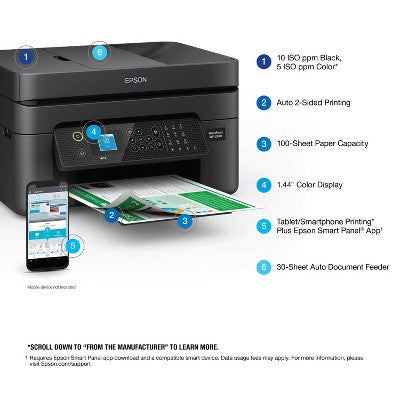 Epson WorkForce WF-2930 Wireless All-in-One Color Inkjet Printer, Copier, Scanner - Black: Smartphone App, USB, Automatic 2-Sided Printing
