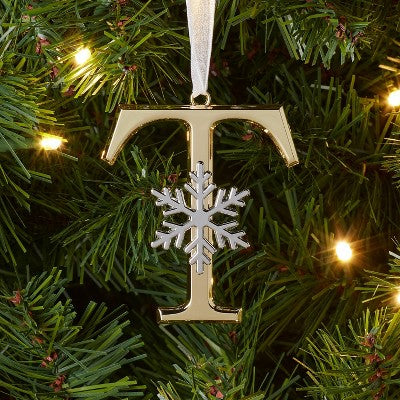 Metal Monogram 'T' with Snowflake Christmas Tree Ornament Gold - Wondershop