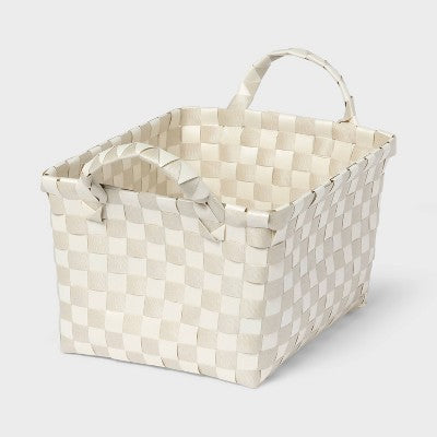 Woven Plastic Basket Small Tan/White Checkered - Brightroom
