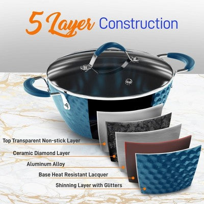 NutriChef 11-Piece Non-Stick Kitchen Cookware Set - Elegant Diamond Pattern, Ceramic Coated Pots & Pans (Blue) (LOCAL PICKUP ONLY)