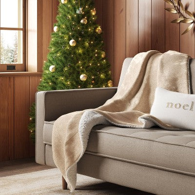 Solid Plush Throw Blanket with Faux Shearling Reverse Khaki - Threshold