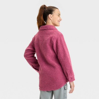 Girls' Solid Shear Berry Red L: Faux plush Shirt Jacket 4 Pockets