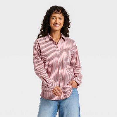Women's Collared Striped Button-Down Shirt Universal Thread Red L