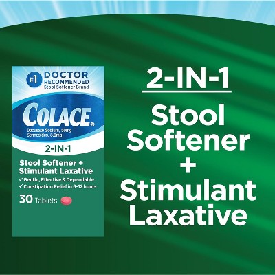 Colace 2-in-1 Stool Softener and Stimulant Laxative Tablets for Gentle Constipation Relief, Docusate and Senna, 30 Count