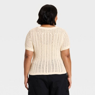 Women's Short Sleeve Crochet Sweater Top - A New Day Cream 1X