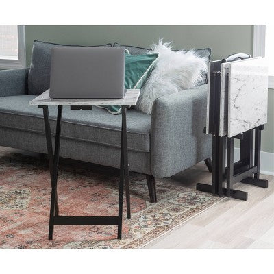 Linon 4pc 26.4" Talia TV Tray Table Set Faux Marble with Storage Rack White (LOCAL PICKUP ONLY)