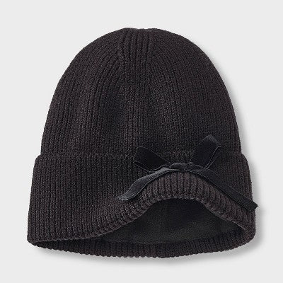 Girls' Satin Webbing Bow Beanie Hat - art class Black