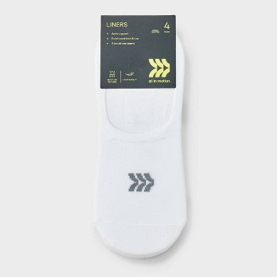 Women's Lightweight 4pk Liner Socks - All In Motion White 4-10: Nylon-Spandex Blend, Tagless, Seamless Toe, Machine Washable