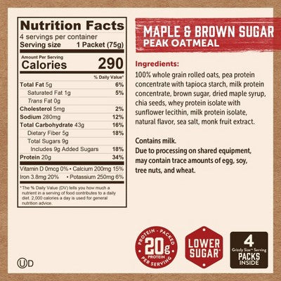 Kodiak Cakes Peak Protein Packed Maple Brown Sugar Oatmeal - 10.58oz/4ct