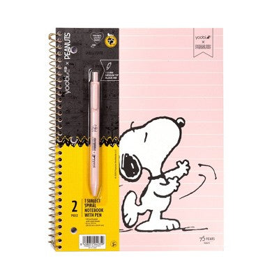 Yoobi 8"x10.5" Peanuts 1 Subject Notebooks Wide Ruled with Pen Pink Snoopy Dance, School Supplies