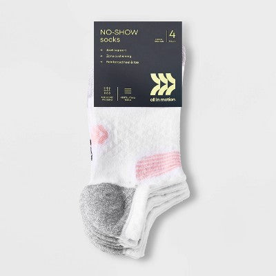 Women's 4pk Cushioned Diamond Accents No Show Athletic Socks - All In Motion White 4-10