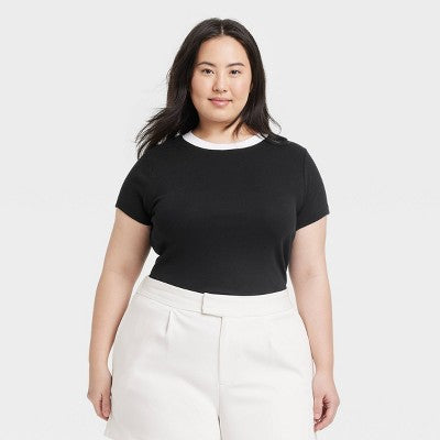 Women's Slim Fit Ribbed T-Shirt - A New Day Black/White XXL