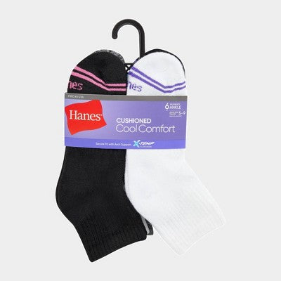 Hanes Premium Women's 6pk Cool Comfort Cushioned Ankle Socks - White/Black/Gray 5-9
