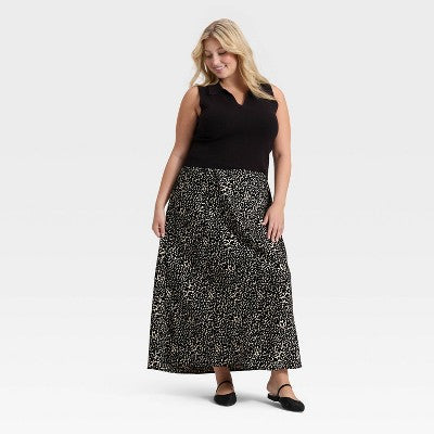 Women's Maxi Slip A-Line Skirt - A New Day Cream Leopard Print 2X