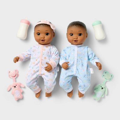 14" Boy Girl Twin Baby Dolls - Dark Brown Hair + Brown Eyes - Gigglescape