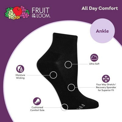 Fruit of the Loom Women's Cushioned 6pk Ankle Athletic Socks - Black 4-10