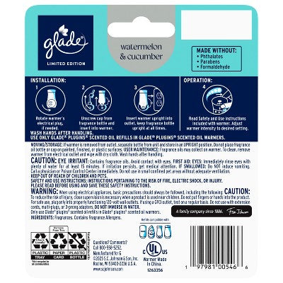 Glade PlugIns Spring Scented Oils Air Freshener Starter Kits - Watermelon & Cucumber - 2ct/1.34oz: Electric, Paraben-Free, Spring/Summer