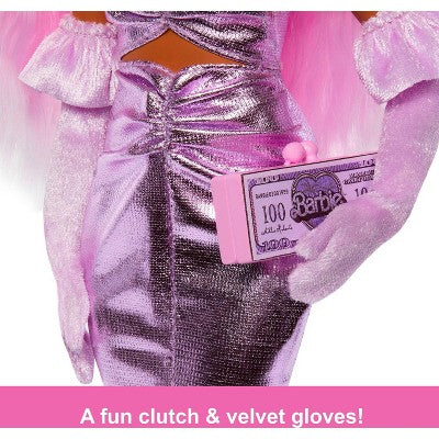 Barbie Deluxe Style 11" Doll #1 in Glossy Pink Barbiecore Dress with Velvet Gloves, Pink Hair