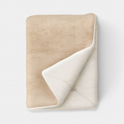 Solid Plush Throw Blanket with Faux Shearling Reverse Khaki - Threshold