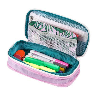 Expandable Pencil Pouch Pink with Green Palms- It's Academic: LockerMate Zipper Case for Girls, Polyester, 9.25"x4.5"