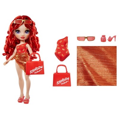 Rainbow High Swim & Style Ruby Red 11'' Doll with Shimmery Wrap to Style 10+ Ways, Removable Swimsuit, Sandals, Accessories