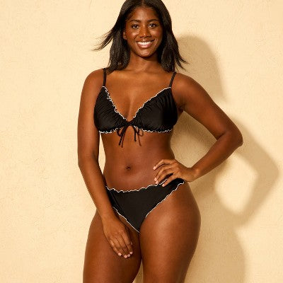 Women's Ruffle Edge Low-Rise High Leg Cheeky Bikini Bottom - Wild Fable Black S