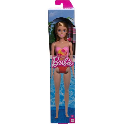 Barbie 12.7" Beach Doll Blond Hair/Blue Eyes Wearing Pink Palm Tree Print Swimsuit