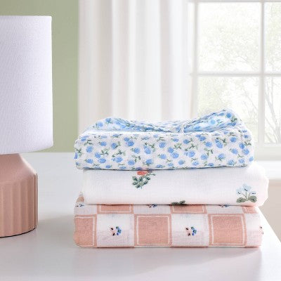 Muslin Swaddle Baby Blanket - Traditional Floral - 3pk - Cloud Island: 47" Cotton, Logo Pattern, 180 Thread Count
