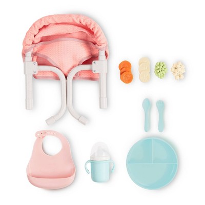 LullaBaby Doll Clip-On Table Seat and Accessories Set: Fits 14" Doll, Includes Play Food, Baby Theme, 12 Pieces