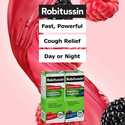 Robitussin Cough & Chest Congestion Max/Nighttime Combo Syrup - Dextromethorphan - Berry - 8 fl oz/2pk