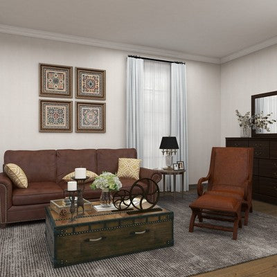Traditional Teak Wood Accent Chair with Arms and Ottoman Brown - Olivia & May: Leather Upholstered, No Assembly Required (LOCAL PICKUP ONLY)