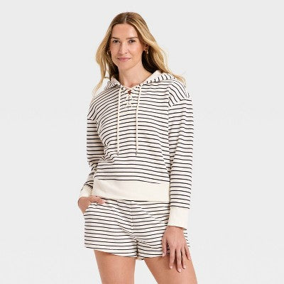 Women's Lace Up Hoodie Pullover Sweatshirt White Striped XS