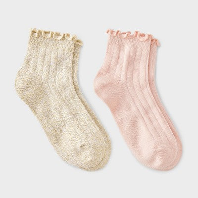 Girls' 2pk Sparkle Dressy Ankle Socks - Cat & Jack Ivory/Pink L