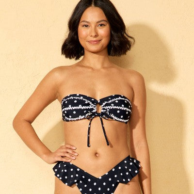 Women's Polka Dot Ruffle Bandeau Bikini Top - Black/Cream S