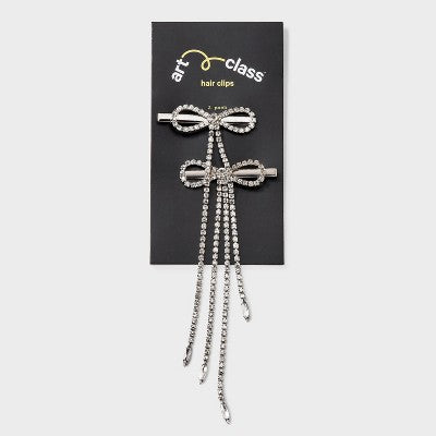 Girls' 2pk Rhinestone Chain Bow Clip Set - art class Silver