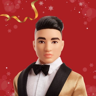 Barbie Signature 2025 Holiday Black Hair Ken Collectible Fashion Doll wearing Full Suit with Golden Jacket