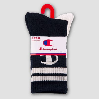 Champion Boys' 3pk Crew Socks - Navy Blue L