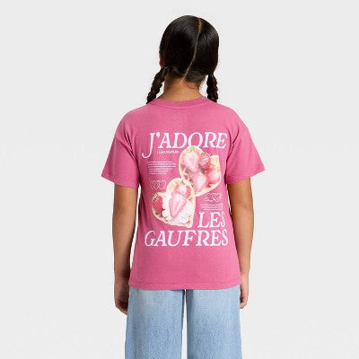 Girls' Short Sleeve 'Oui Waffles' Graphic T-Shirt Berry Purple XS