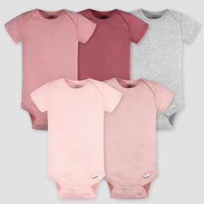 Gerber Baby 5pk Short Sleeve Onesies - Brown 3-6M: Cotton Knit Bodysuits, Pullover & Crotch Snap, Machine Washable