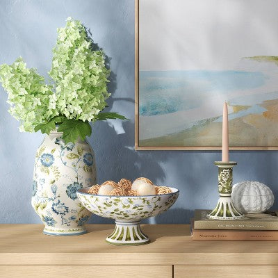 10" Floral Painted Ceramic Footed Bowl Blue/Green - Threshold