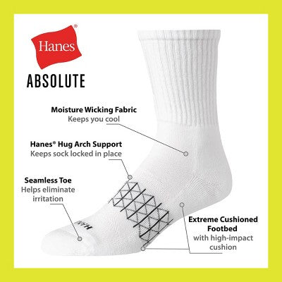 Hanes Men's 3pk Absolute Active Cushioned Crew Socks - Charcoal Gray/Gray/Black 6-12: Breathable Knit, Arch Support