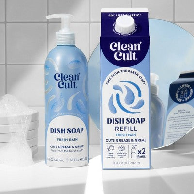 Clean Cult Liquid Dish Soap Refill - Fresh Rain - 32 fl oz: Carton, Removes Grease, Dissolves Food, Ceramic Application