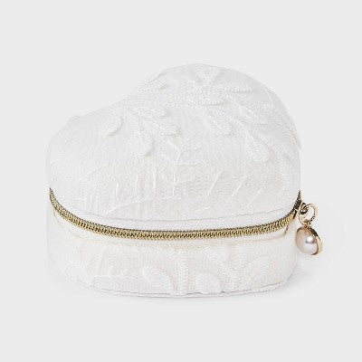 Embroidered Molded Heart Travel Jewelry Case - A New Day White