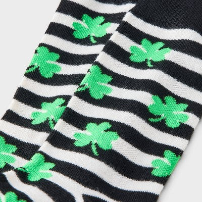 Women's Striped & Shamrock St. Patrick's Day Crew Socks - Black/White/Green 4-10: Lightweight Knit, Banded Cuff, Machine Washable