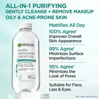 Garnier Salicylic Acid Purifying Makeup Remover Micellar Water and Facial Cleanser - 23.7 fl oz: Oil-Free, No Fragrance Added, Suitable for Normal