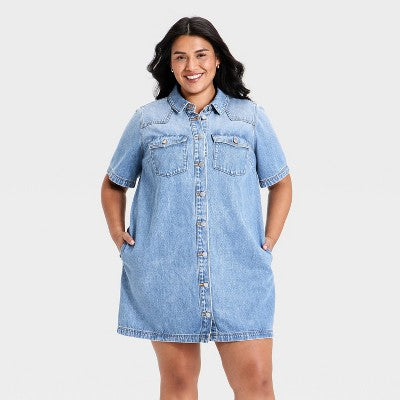 Women's Short Sleeve Denim Mini Shirtdress - Universal Thread Medium Wash 2X