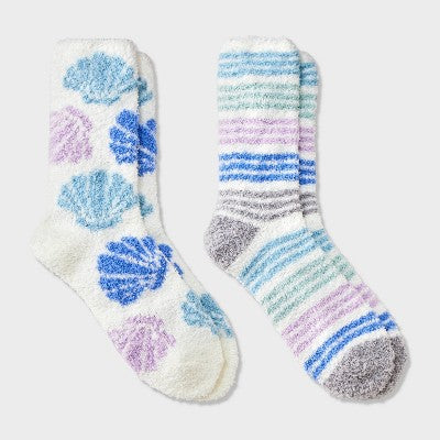 Women's Seashells 2pk Cozy Crew Socks - Blue/Purple/Ivory 4-10