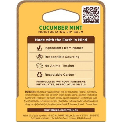 Burt's Bees Lip Balm - Cucumber Mint - 0.15oz: Moisturizing, Paraben-Free, Sulfate-Free, Formaldehyde-Free