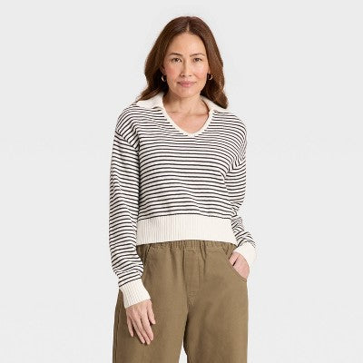 Women's Collared Neck Pullover Sweater -Black Striped S
